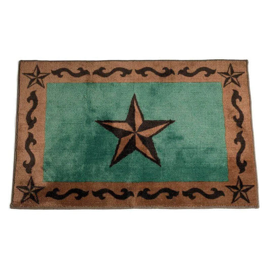 Emblazoned with iconic Western stars and scroll motifs, this accent rug sets a classic Western tone in your living space. An elegant motif border frames a lone two-tone star in the center—all set atop a rich turquoise and dark tan backdrop. Have peace of mind wherever you place this rug because of its anti-slip latex backing.