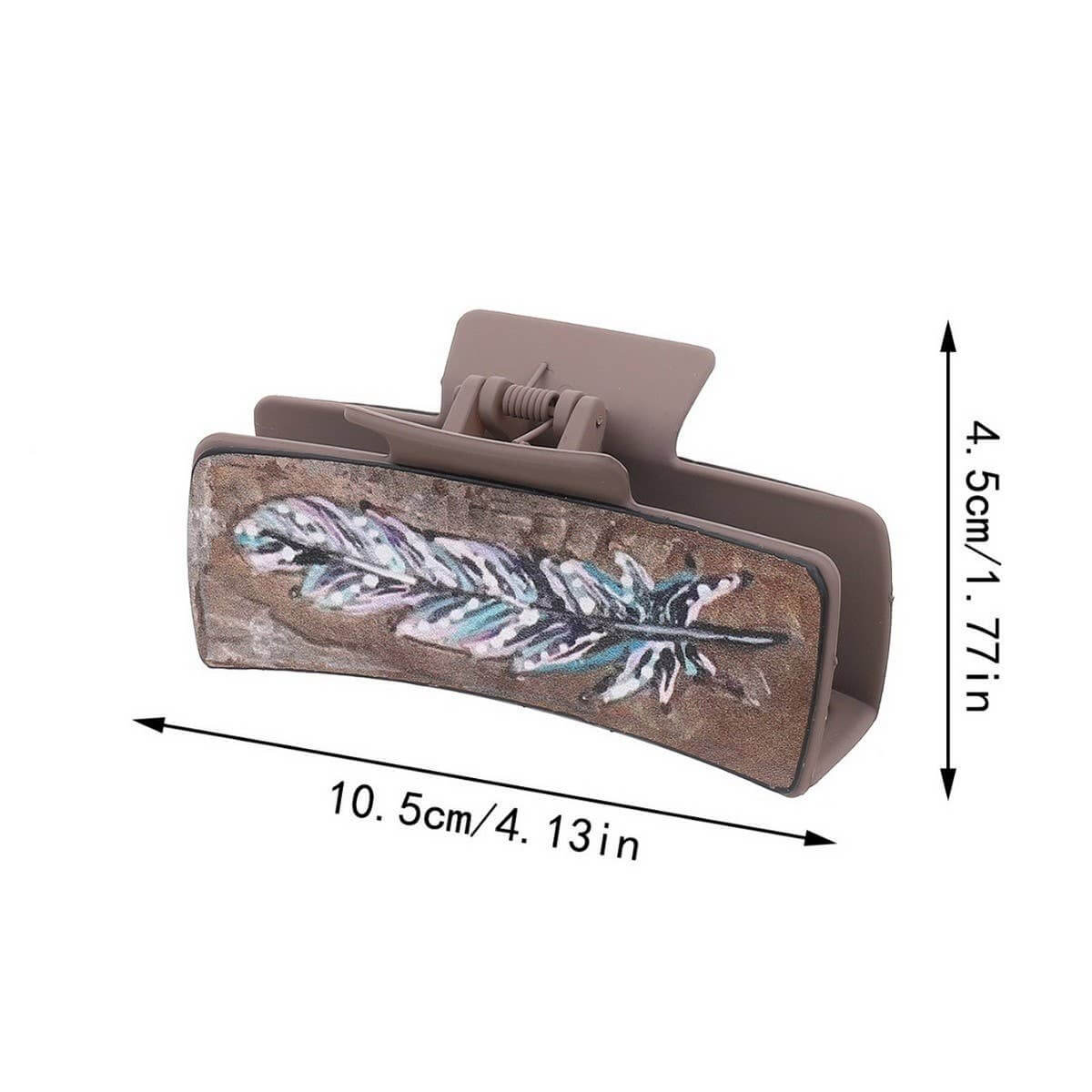 Hair clip with feather design and measurements on a white background