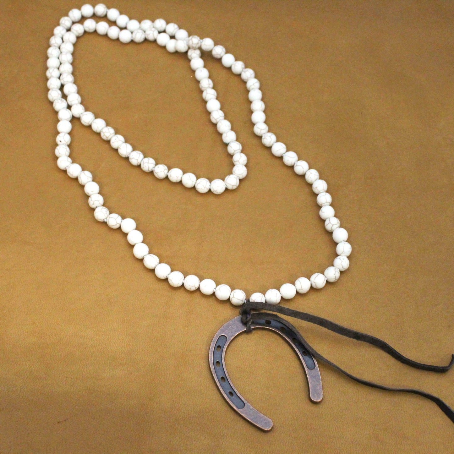 Long White Beaded Horseshoe Pendant Necklace