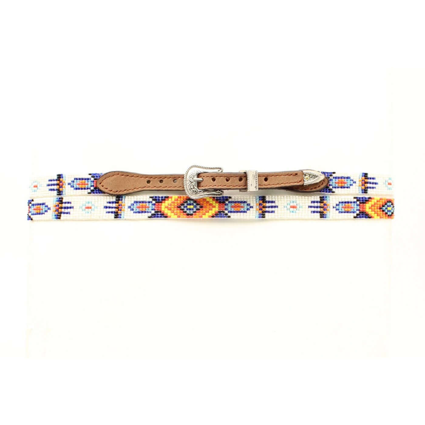 <span>A vibrant </span><span>hat band</span><span> for you!. Bold Aztec </span><span>beading</span><span> in hues of blue, yellow & orange. Leather strap is adjustable with fancy silver-tone buckle set.</span>