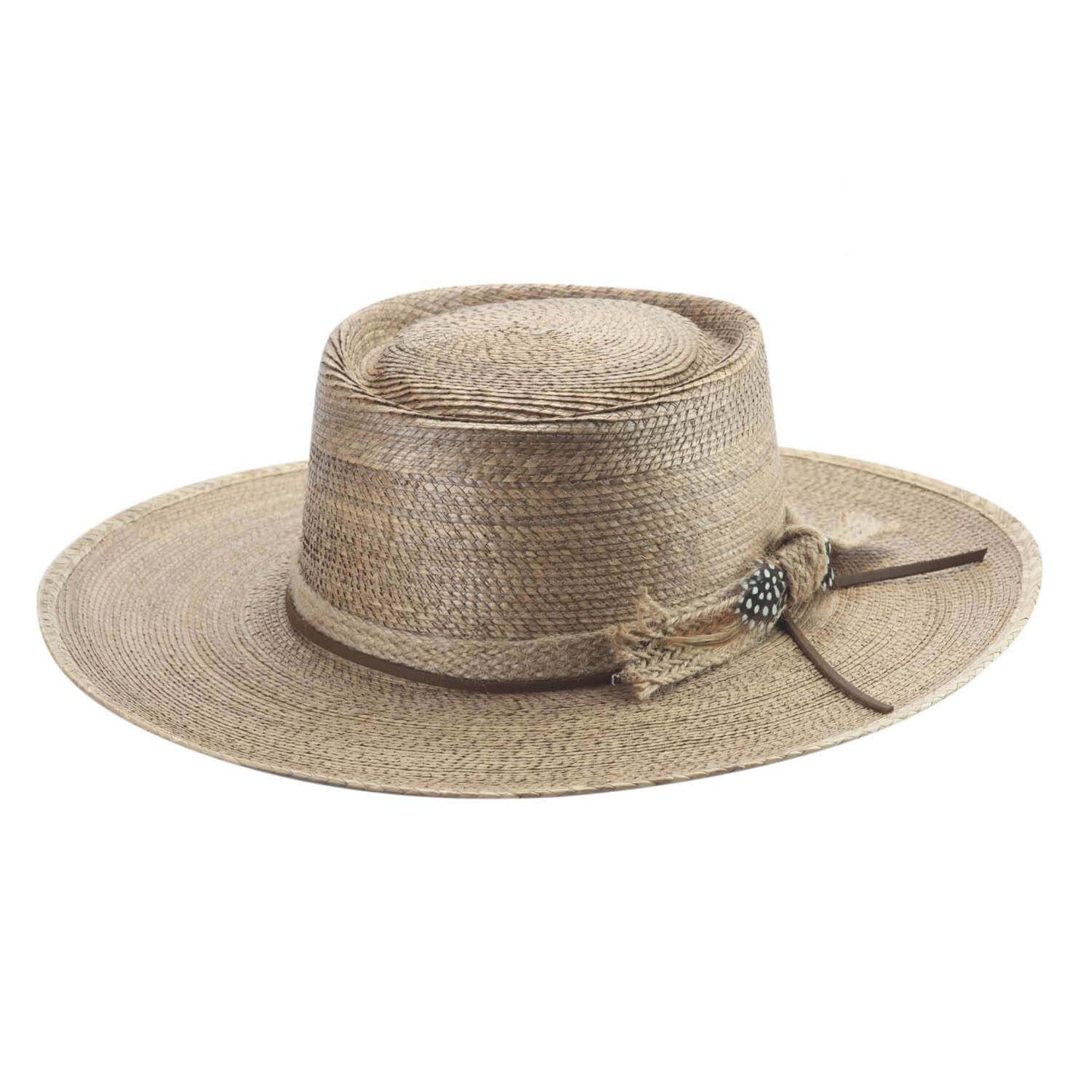 The "Without You" is a great palm leaf sun hat with a wide brim. The hatband is braided rope, leather, and adorned with beautiful feathers. The hat has an inside ribbon sizer so you can tighten and loosen the hat for a perfect fit as it comes in two sizes. Brim: 3 3/4" & Crown: 3 3/4" Telescoped Gambler.