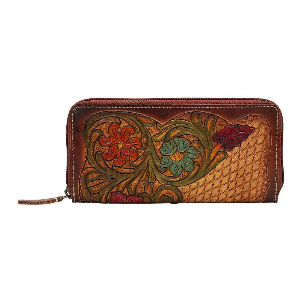 Sturdy, quality leather wallet with vintage western flair. This ladies western wallet is embossed basket weave design background with a beautiful floral design. And there's nothing like zipper bound purses that are incredible to look at but also comes with several compartments and slots for your valuable wallet essentials.