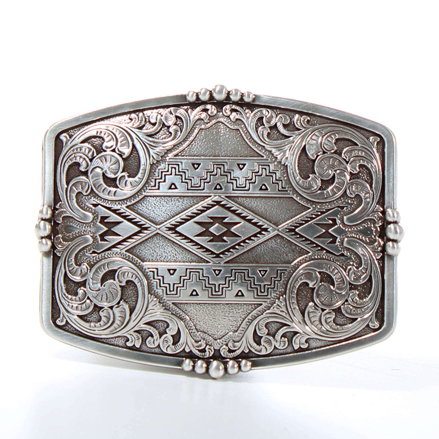 Floral Aztec design engraved on the buckle is definitely a head turner. Smooth edges with stud accents this buckle is simple and but not boring. Will add style and Southwestern edge to any belt. Fits a standard 1-1/2" belt. Imported