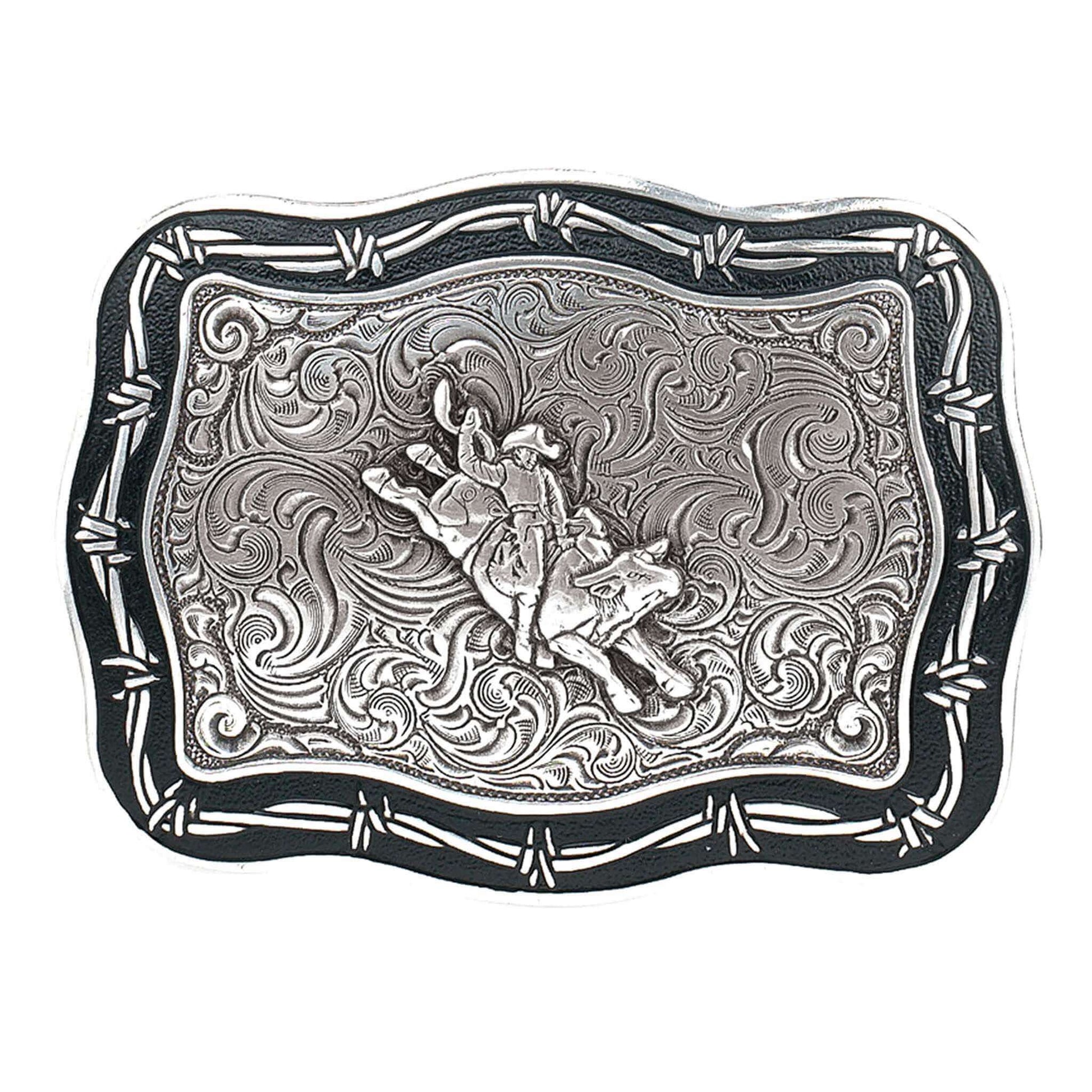Barbed wire edging, scroll design background and a bull rider combine to give this Crumrine® buckle a very unique western and vintage look.  This buckle will look great with your favorite pair of jeans or dress pants.  Measures 3-1/4" x 4-3/4".