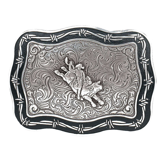Barbed wire edging, scroll design background and a bull rider combine to give this Crumrine® buckle a very unique western and vintage look.  This buckle will look great with your favorite pair of jeans or dress pants.  Measures 3-1/4" x 4-3/4".