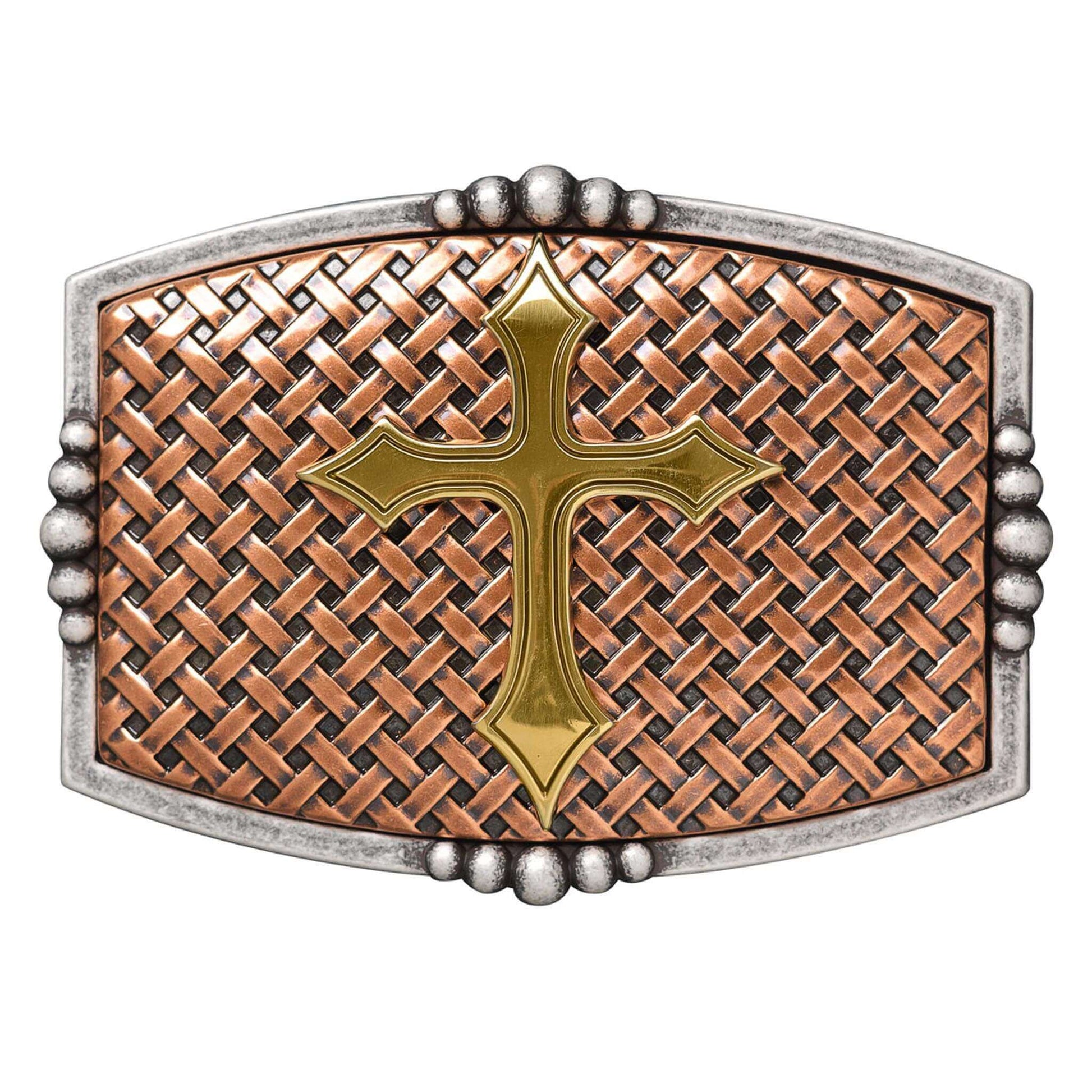 A western belt buckle that features a beautiful cross motif against a contrasting basket weave background. This buckle will add a distinctive accent to your favorite belt. 2-3/4" x 3-3/4" 