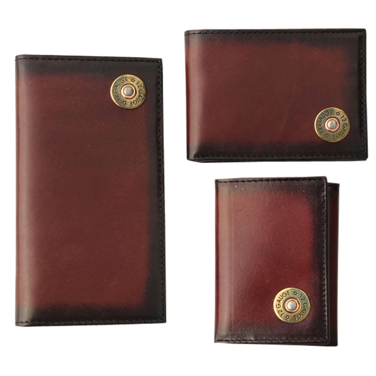 These Shotgun Shell Wallets are brown leather with a 12-Gauge Shotgun Shell concho. Multiple credit card slots, clear drivers license slot and removable picture holder. Imported. Sold Separately