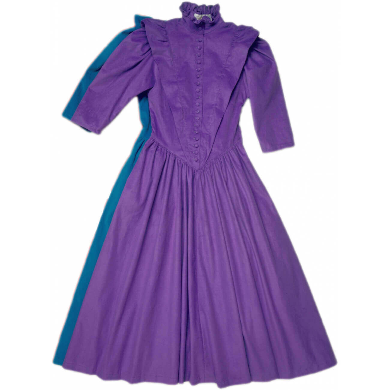 Prairie Bustle Old West Dress in purple featuring fitted bodice, ruffled neckline, and full skirt with buttons.