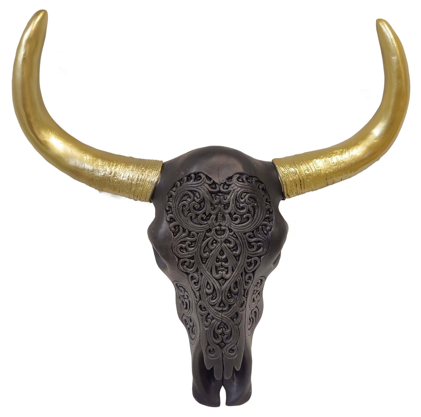 Tribal Jet Black Longhorn Cow Bull Skull Wall Décor with ornate detailing and golden horns.