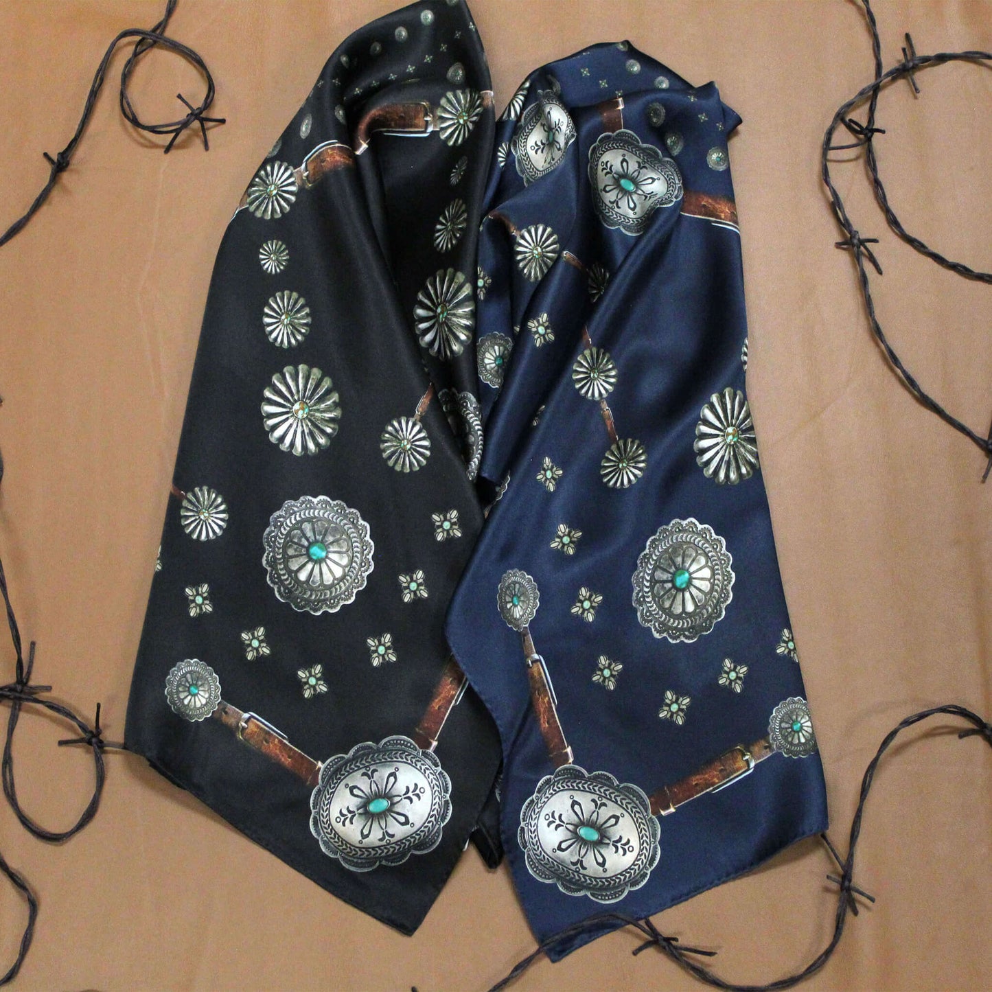 The Concho silk wild rag that has a rustic, vintage feel. A true classic! A vintage patina to this scarf to give it that distressed worn look. Dry clean preferred. Iron on silk setting or use steamer. 100% Satin Silk. 35" x 35"