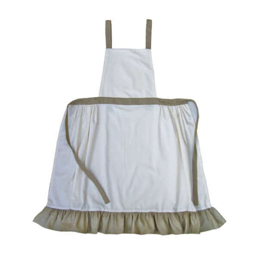 Ladies Old West Country Apron in white with beige flounce and ties, perfect for homemakers and collectors.