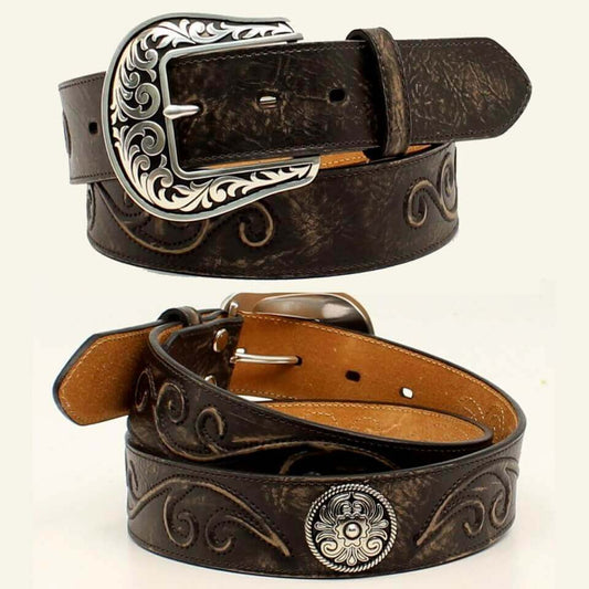 <span>This belt features a raised scroll design accentuated with large rope edged western conchos.</span><span>  </span><span>You will love the look of this great belt.</span>