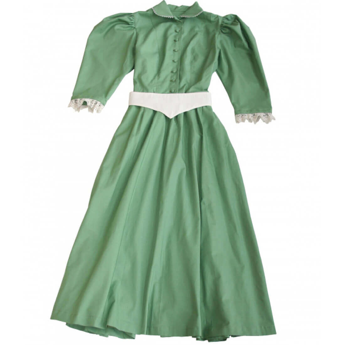 Frontier Homestead Western Dress in green with lace-trimmed ¾ sleeves and white belt, perfect for homesteading activities.