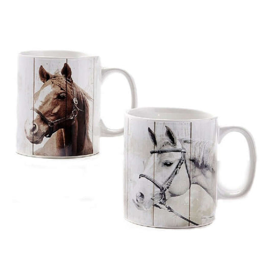 Horse head design coffee mug. Available in 2 designs: Brown Horse, White Horse. 18oz. FDA approved. Ceramic. Imported 