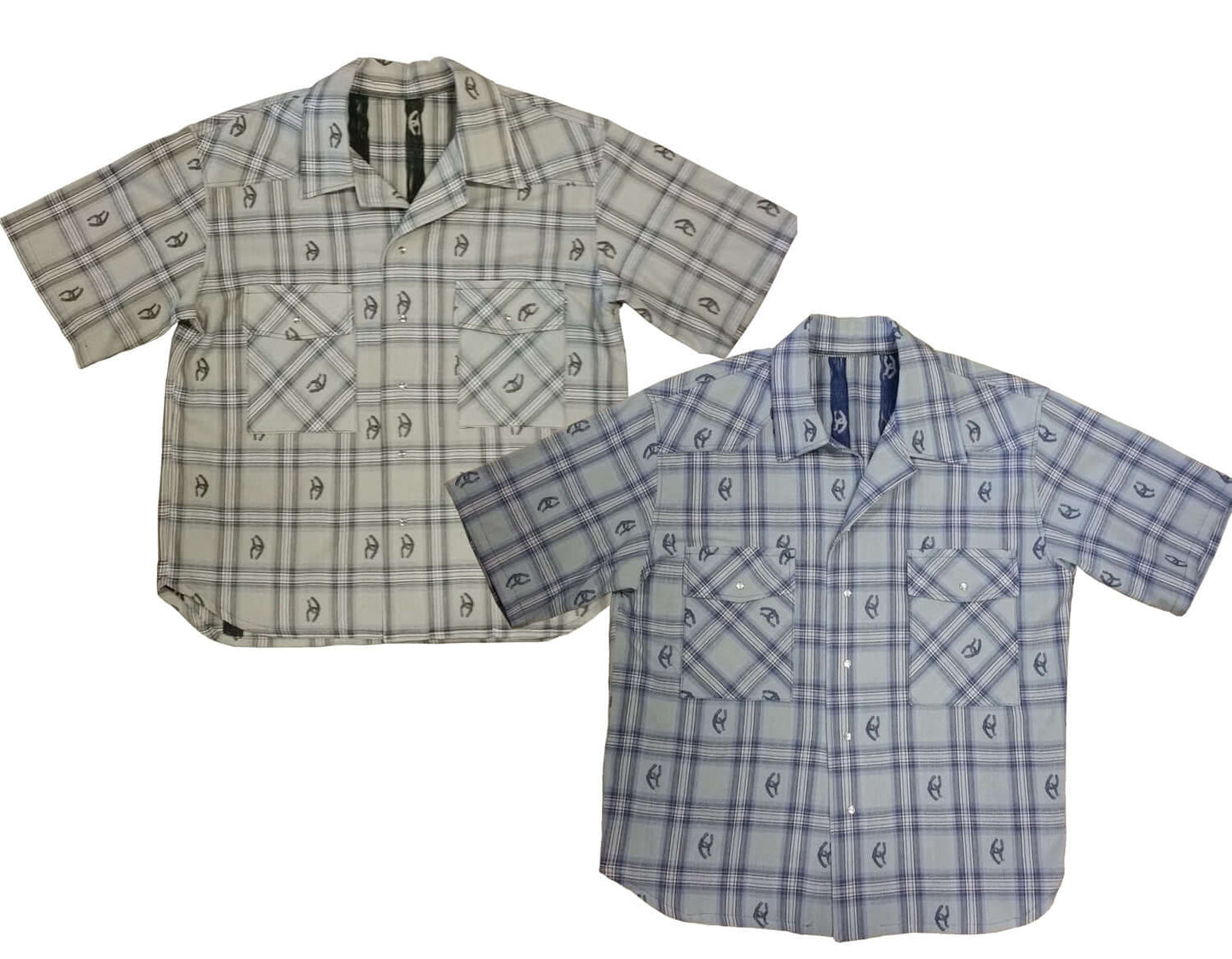 Stay stylish and cool in this short sleeve cotton shirt. Woven designs of horseshoes scatter the plaid pattern adding western flair. Two front pockets and pearl snap closures. Great for parties or concerts or any summer event that you need to look your best. Made in USA