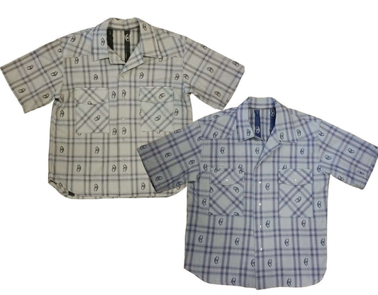Stay stylish and cool in this short sleeve cotton shirt. Woven designs of horseshoes scatter the plaid pattern adding western flair. Two front pockets and pearl snap closures. Great for parties or concerts or any summer event that you need to look your best. Made in USA