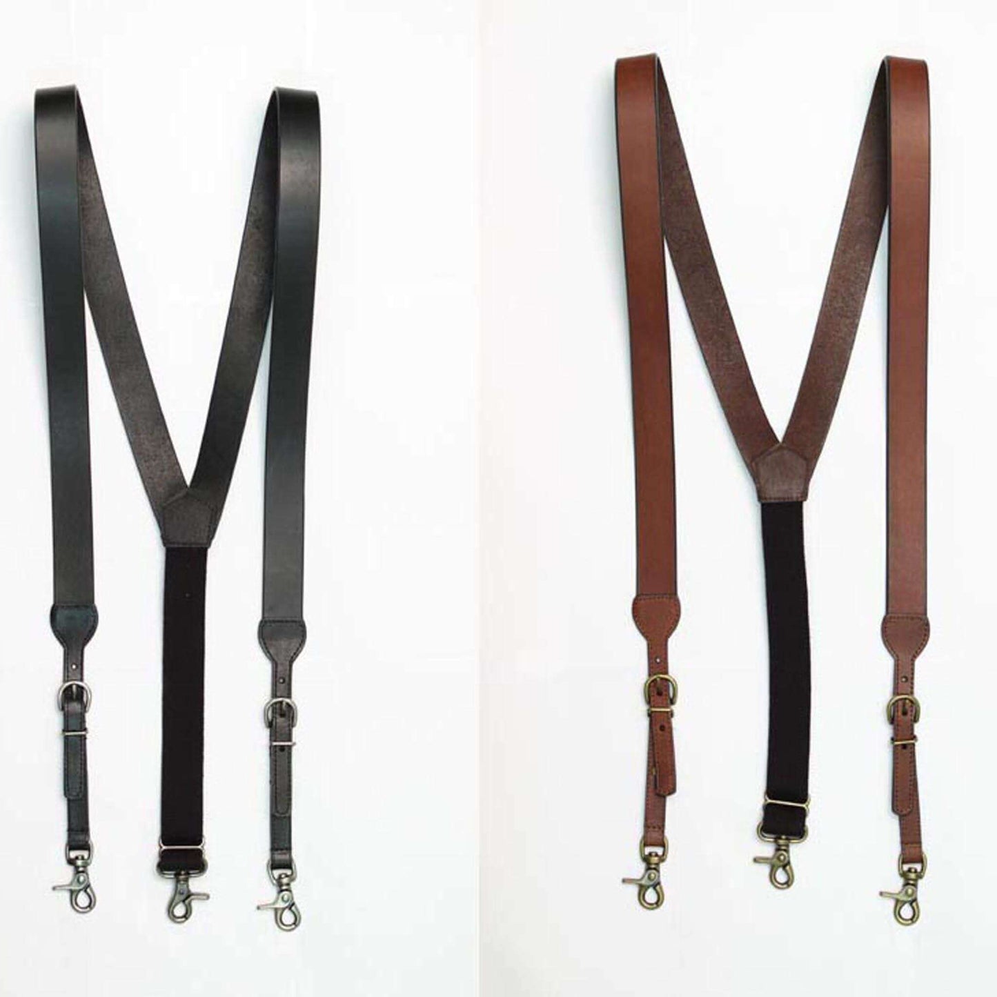 <span data-mce-fragment="1">These galluses are smooth leather with beveled edges.</span><span data-mce-fragment="1"> </span><span data-mce-fragment="1">Heavy duty elastic adjustment on the back with one snap, and two snaps in the front to get that perfect fit.</span><span data-mce-fragment="1"> </span><span data-mce-fragment="1">These conveniently snap to your belt loops. Imported</span>