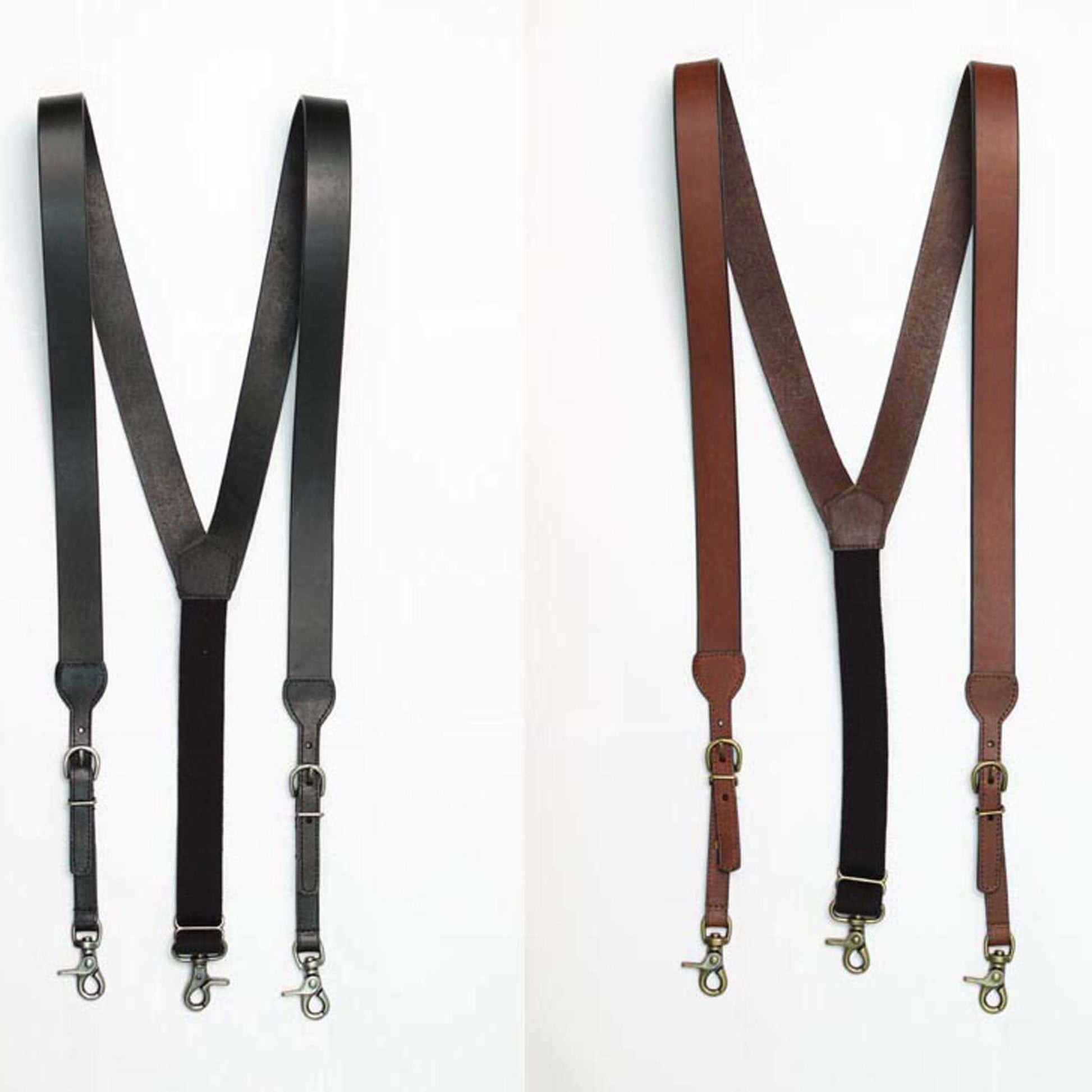 <span data-mce-fragment="1">These galluses are smooth leather with beveled edges.</span><span data-mce-fragment="1">  </span><span data-mce-fragment="1">Heavy duty elastic adjustment on the back with one snap, and two snaps in the front to get that perfect fit.</span><span data-mce-fragment="1">  </span><span data-mce-fragment="1">These conveniently snap to your belt loops. Imported</span>