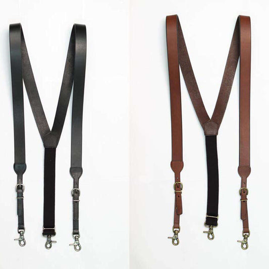 <span data-mce-fragment="1">These galluses are smooth leather with beveled edges.</span><span data-mce-fragment="1">  </span><span data-mce-fragment="1">Heavy duty elastic adjustment on the back with one snap, and two snaps in the front to get that perfect fit.</span><span data-mce-fragment="1">  </span><span data-mce-fragment="1">These conveniently snap to your belt loops. Imported</span>