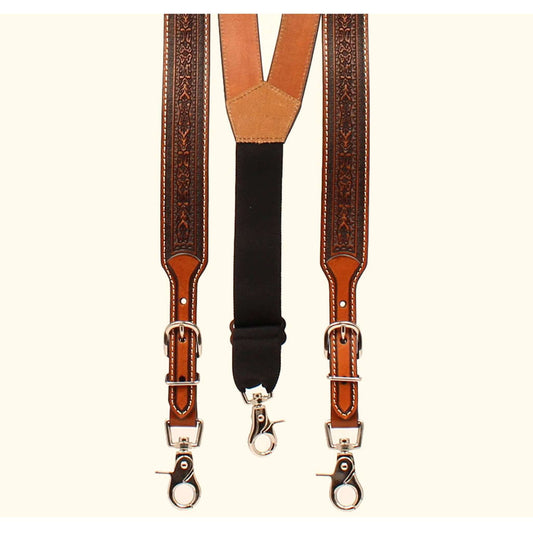 <span data-mce-fragment="1">Features decorative floral hand tooled leather straps with contrasting billets. These leather galluses attach to your pants with metal trigger snaps that secure to your belt loop.</span><span data-mce-fragment="1"> Imported </span>