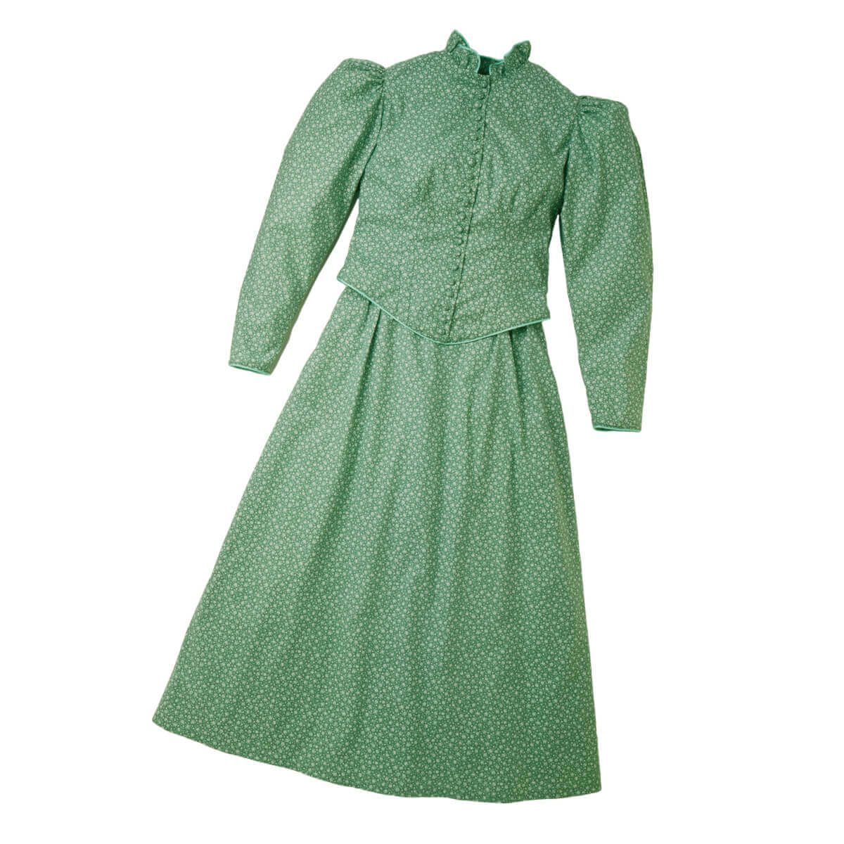 Ladies Old West vintage walking outfit featuring a green printed skirt and fitted jacket with puffed sleeves.