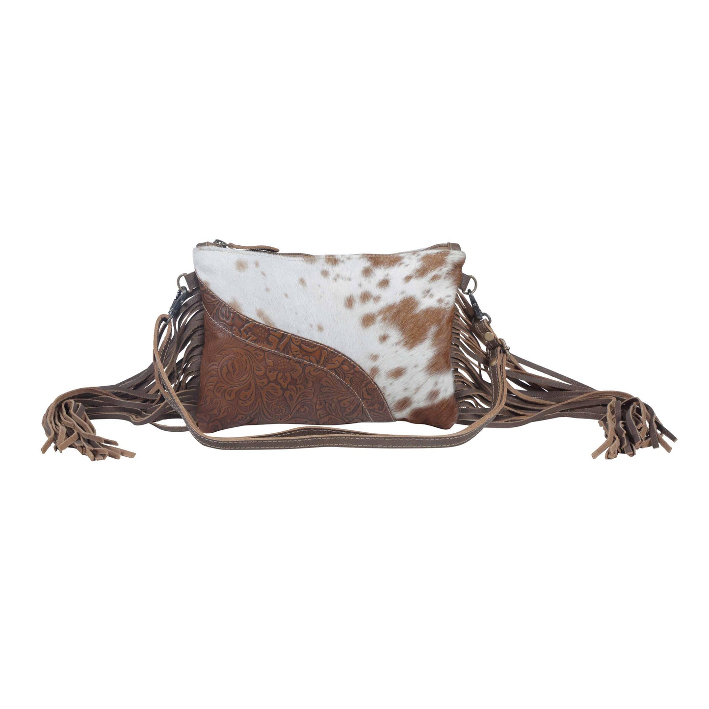 Brown and white cowhide leather bag with fringes on a white background