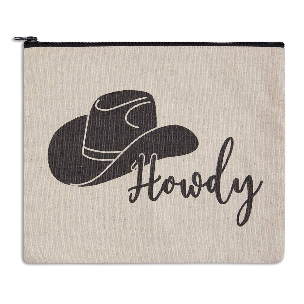 Howdy Western Travel Cosmetic Bag featuring a cowboy hat design and the word 'Howdy' on a canvas material.