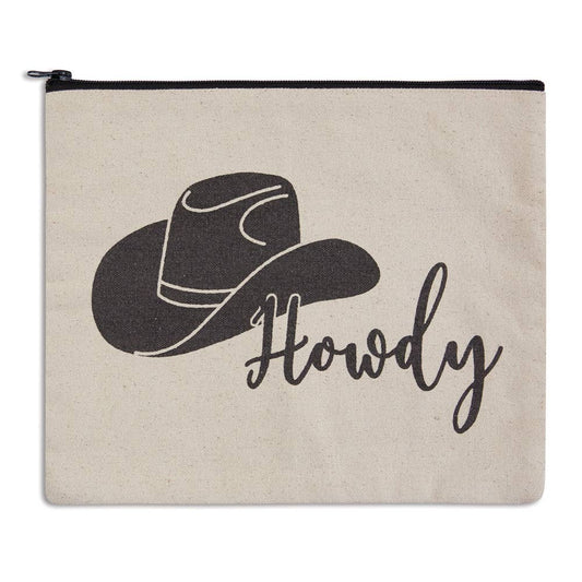 Howdy Western Travel Cosmetic Bag featuring a cowboy hat design and the word 'Howdy' on a canvas material.