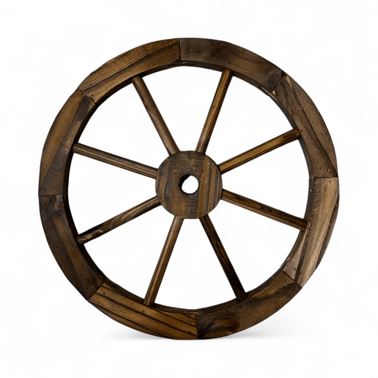 Wooden wagon wheel on a white background