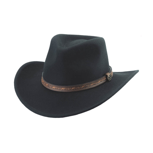 Features premium wool material, pinchfront crown, and a beautifully done leather hatband. Made of Premium wool in Black with a Brim: 3 1/8" 