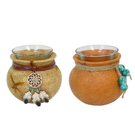 Two decorative candle holders with natural elements and beads on a white background
