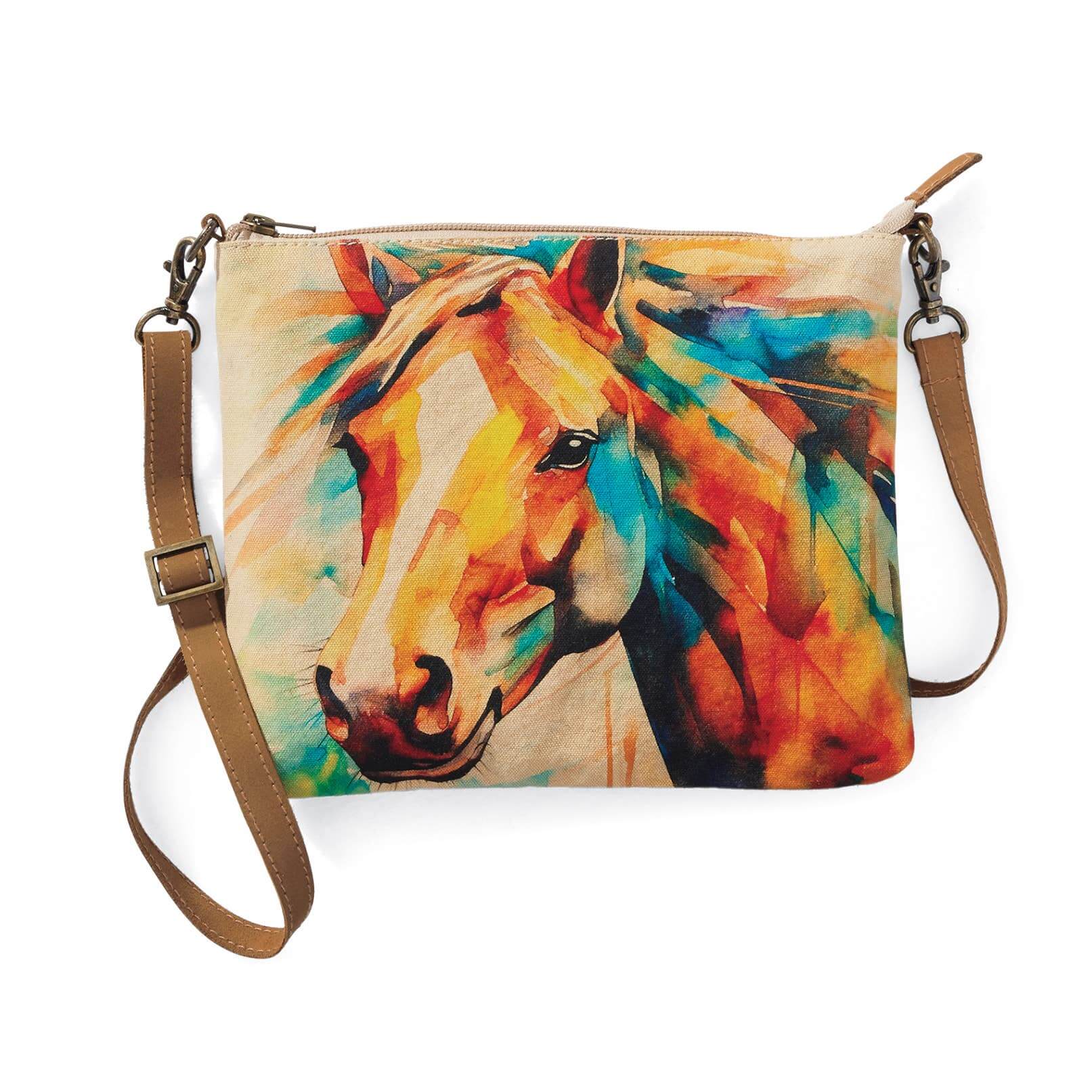 Crossbody bag with a colorful horse design on a white background