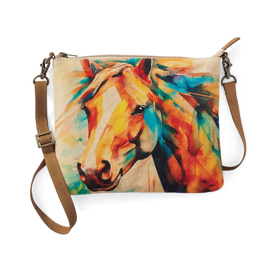 Crossbody bag with a colorful horse design on a white background