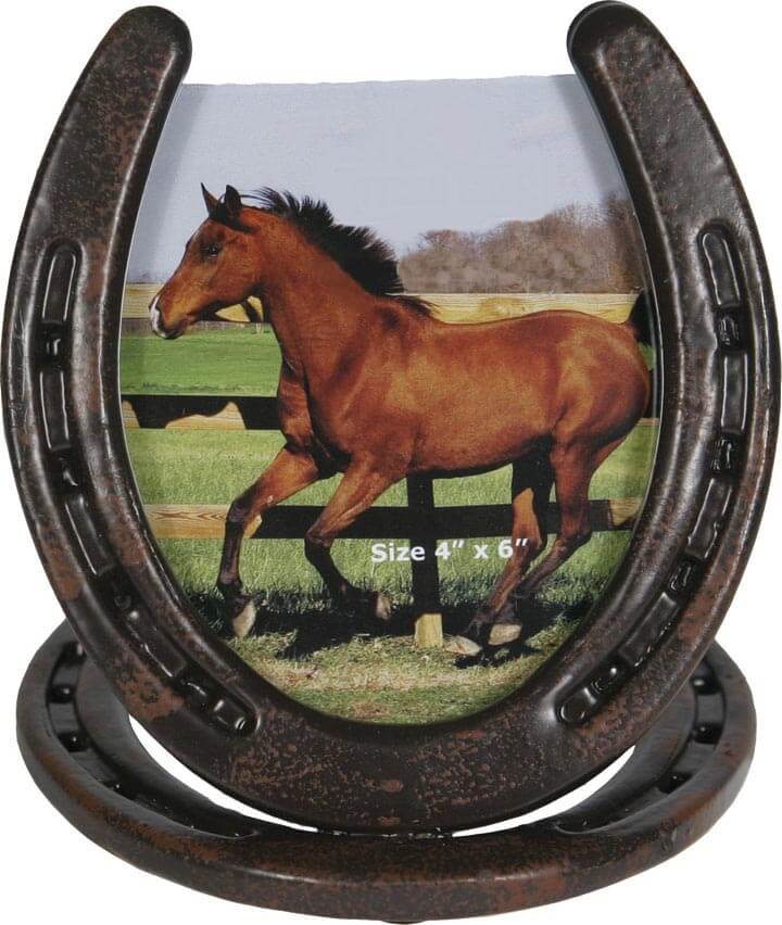 The horseshoe picture frame has a border that showcases a couple of realistic looking horseshoes. The border is constructed of a durable poly resin that accurately resemble iron horse shoes. The picture frame holds a 4-inch by 6-inch picture. The hangers are included on the back of the frame. The glass insert is included with the frame. Makes for a great gift idea for any western/horse enthusiast.