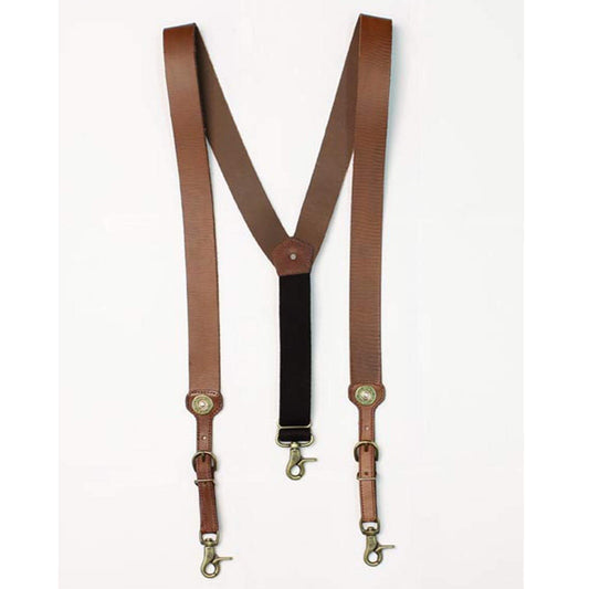 These leather galluses feature a smooth leather with a bullet concho. Heavy duty elastic adjustment on the back with one snap, and two trigger snaps in the front that attach to your belt loops to get that perfect fit. Leather color may vary slightly. Imported