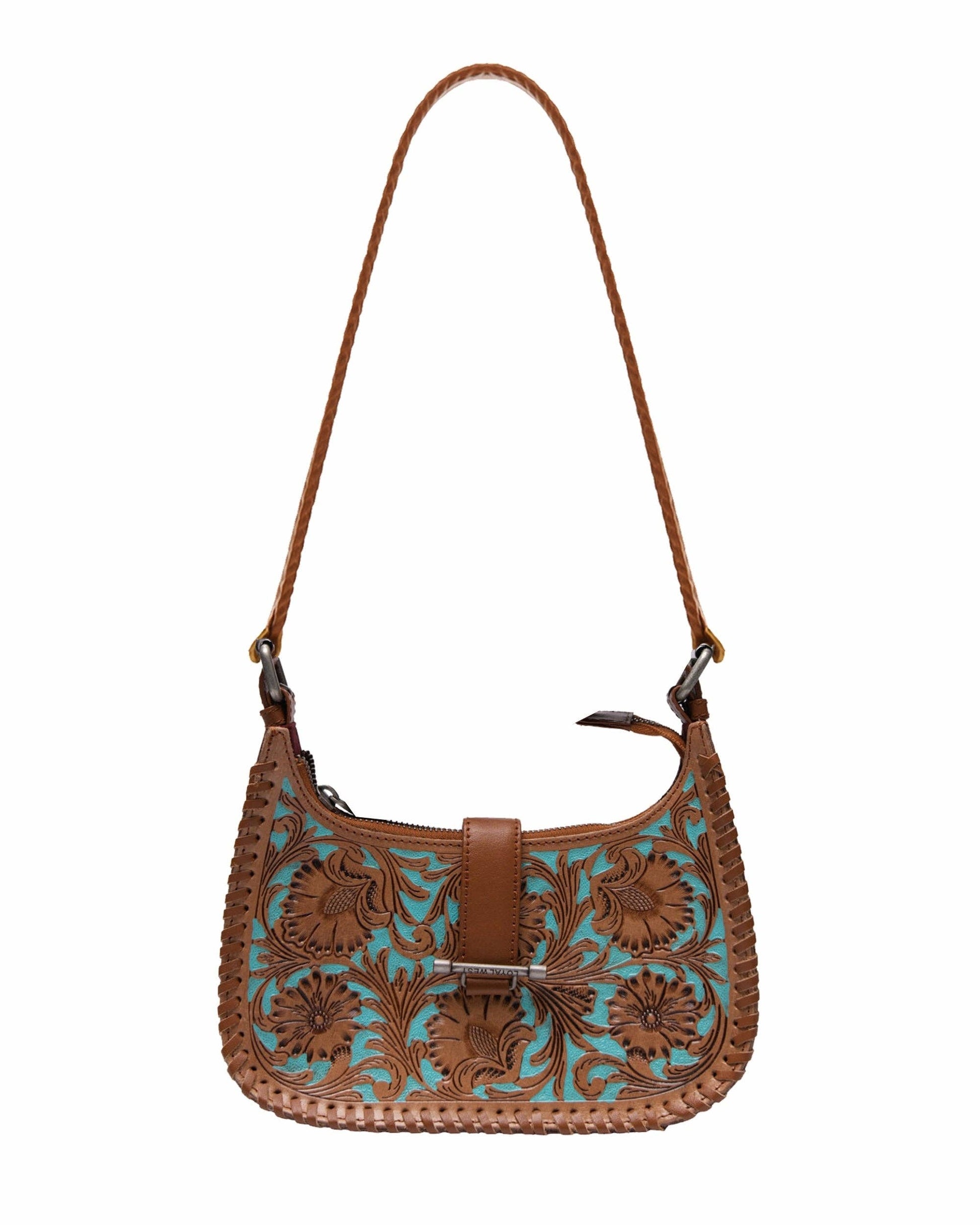 Brown leather handbag with turquoise floral patterns on a white background