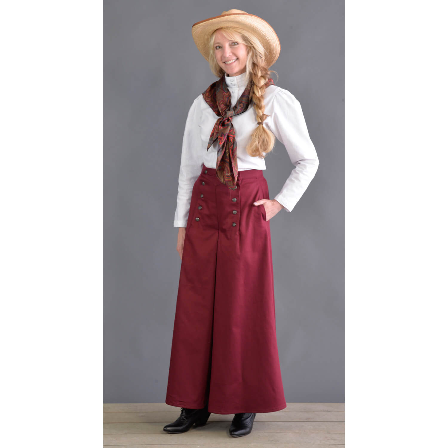 This split riding skirt design is our version of the popular riding skirt of the 1800’s. Cut with a slight flair, side pockets and front flap opening, this skirt allows ample movement for riding or walking. Victorian style buttons highlight the design and match the riding vest