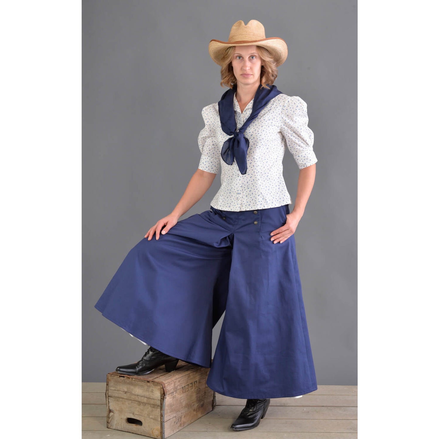 This split riding skirt design is our version of the popular riding skirt of the 1800’s. Cut with a slight flair, side pockets and front flap opening, this skirt allows ample movement for riding or walking. Victorian style buttons highlight the design and match the riding vest