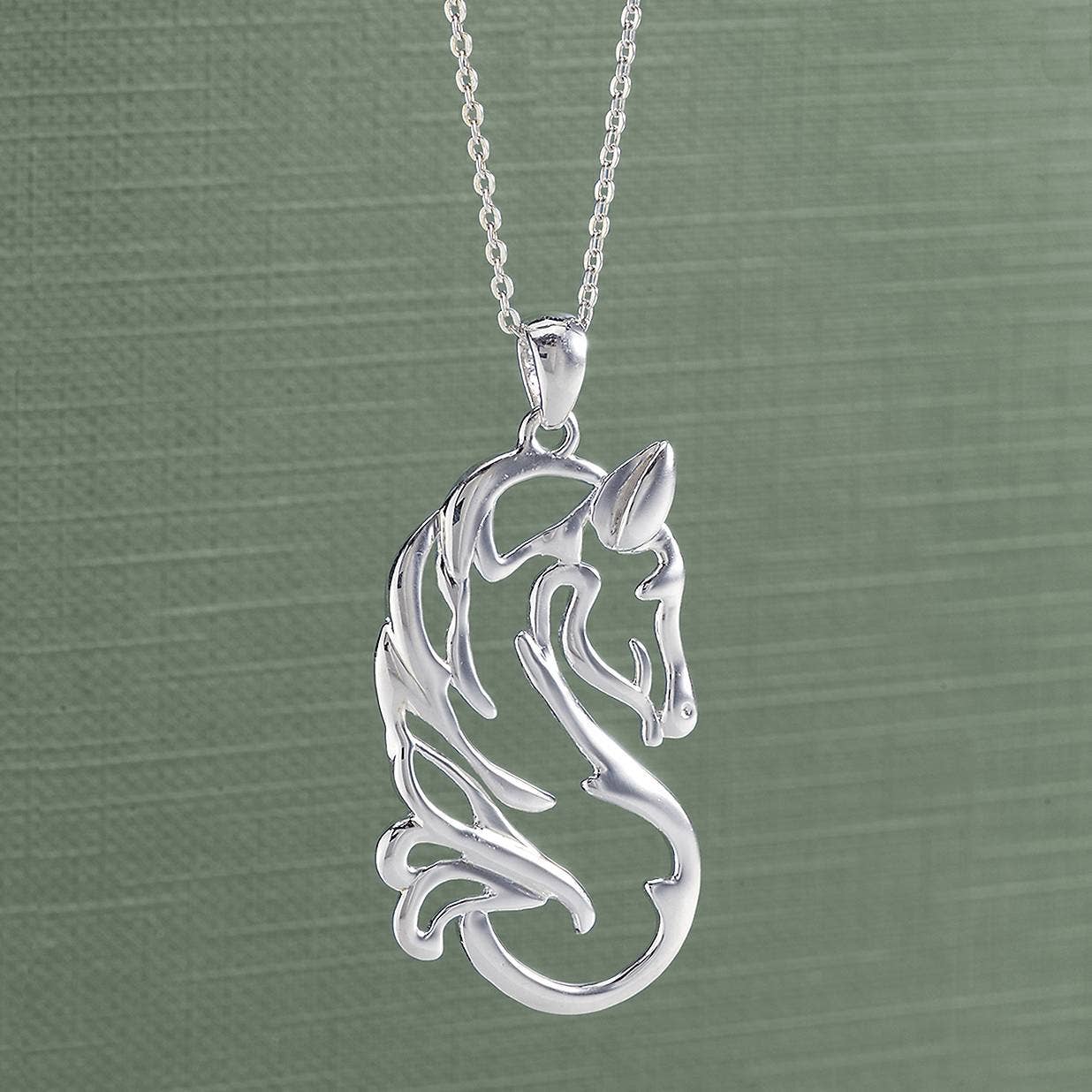 Silver horse head pendant on a chain against a green background