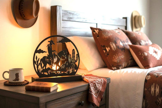 Decorative lamp with cowboy design on a nightstand next to a bed with patterned pillows.