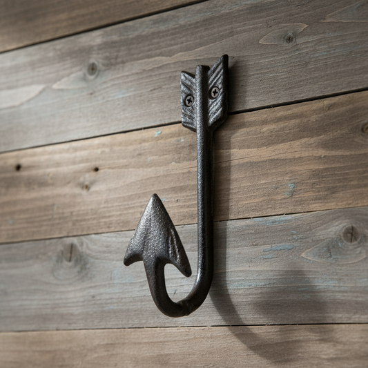 Decorative metal hook with arrow design on a wooden background