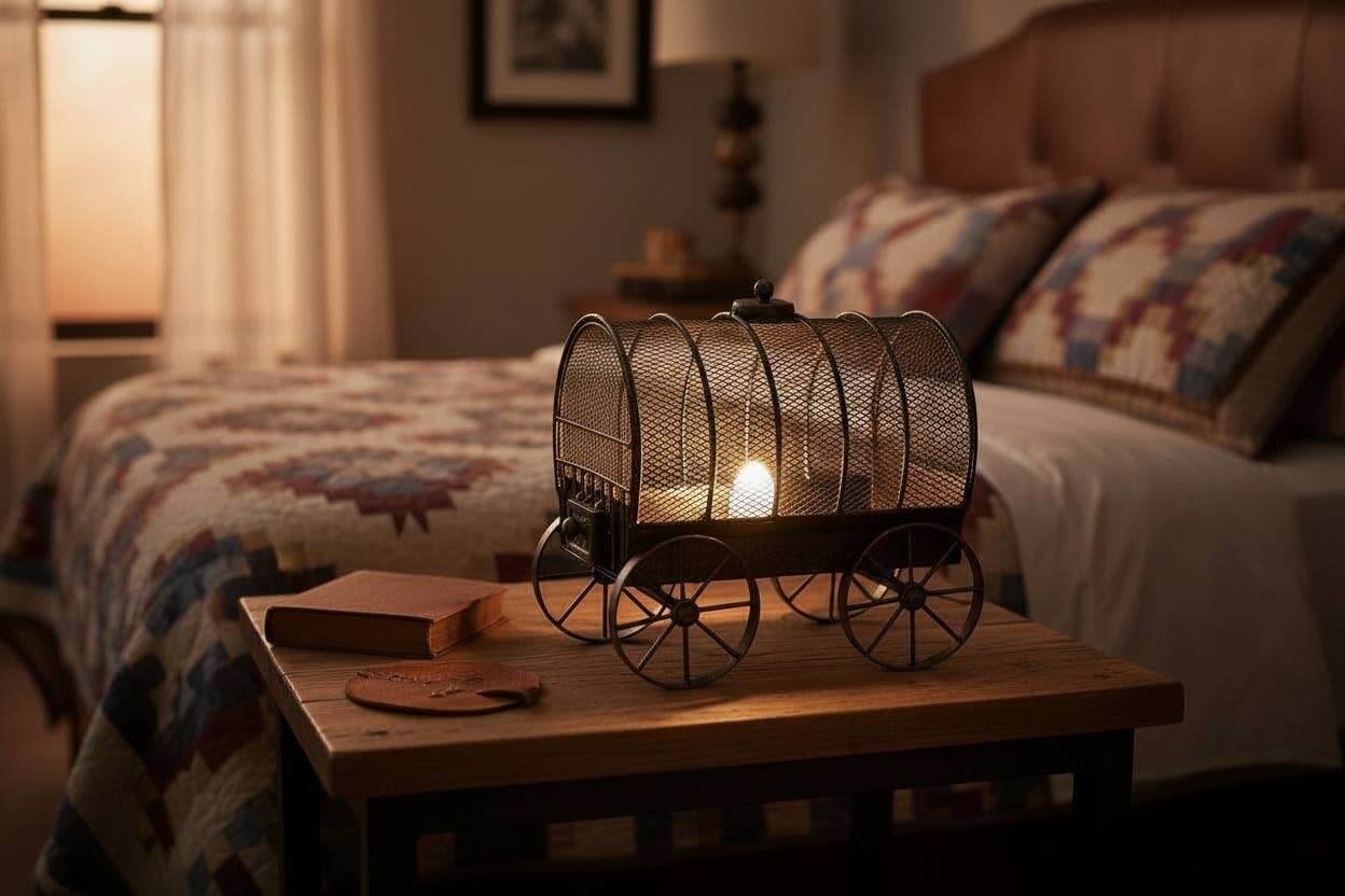 Old West Metal Covered Wagon Western Table Light on a bedside table in a cozy bedroom setting.