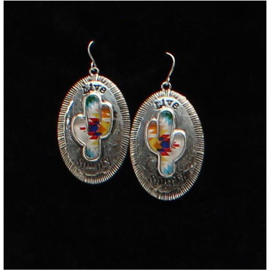 These cute western earrings have a trendy cactus in the center with an Aztec design. Live Simply is engraved on top and bottom of the cactus. French Hook. Make a great gift.