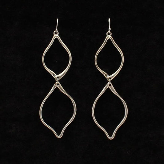 These stylish earrings are a double loop design in a hammered silver finish. Measure 2" long on French&nbsp;hooks.