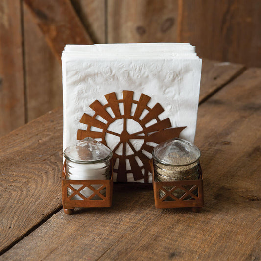 Rusty Windmill Salt/Pepper Shaker Caddy