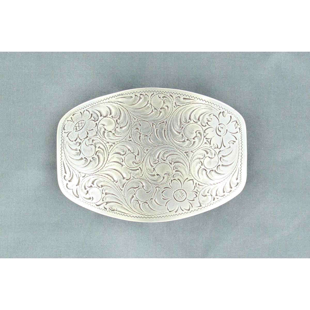 Nocona men's western buckle by features a silver floral scrolled oval shaped buckle with smooth edge. Measures: 2 3/8" X &nbsp;3 3/8"