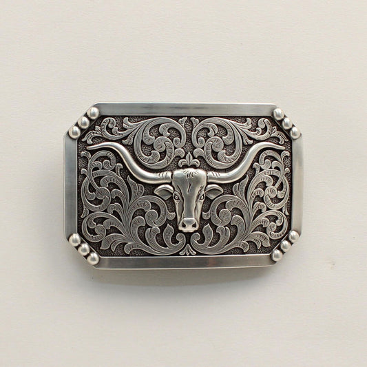 <span data-mce-fragment="1">This western belt buckle features a smooth edge with dot corners. The center has a longhorn motif with western scrolling in the background. Measures&nbsp;</span><span lang="EN-US" data-mce-fragment="1">3-3/4 x 2-1/2 and fits a 1-1/2" belt.</span>