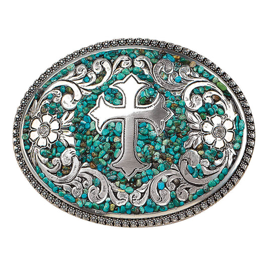 Dress up your favorite belt with this beautiful ladies western belt buckle. Oval silver buckle with silver floral beaded trim. Silver center cross design with floral border, crystal accents and turquoise beaded background. Measures 3-1/4" x 3-3/4".