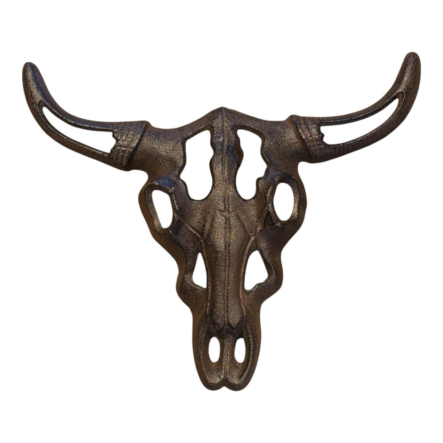 Cast Iron Bull Skull Wall Decor, rustic wall art with a detailed bull skull design and weathered finish.