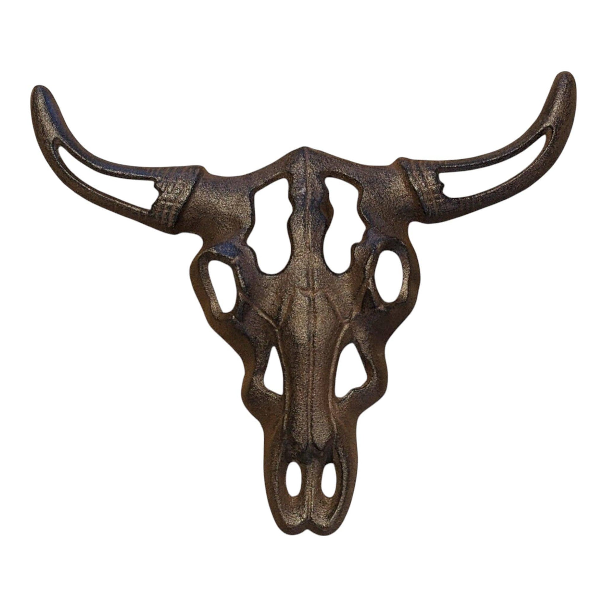 Cast Iron Bull Skull Wall Decor, rustic wall art with a detailed bull skull design and weathered finish.